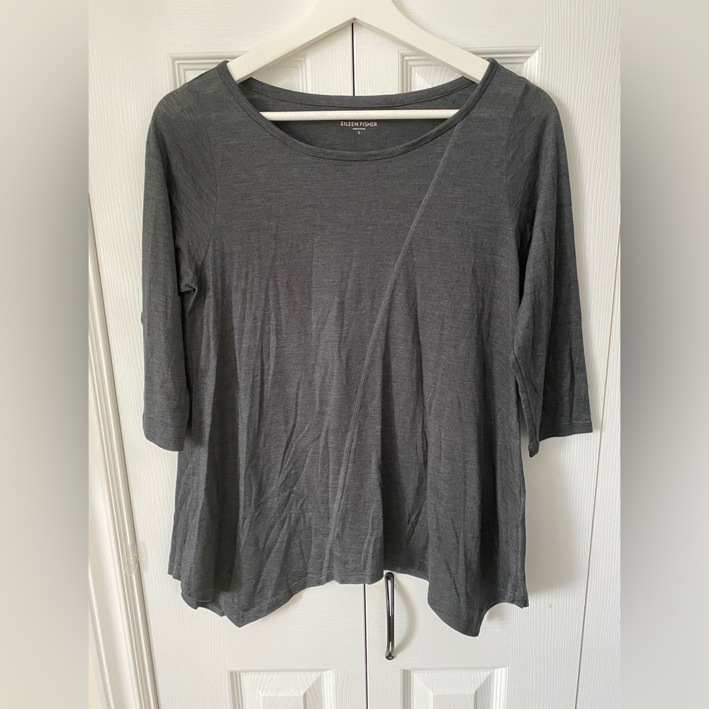 Eileen Fisher Silk Jersey Bateau Neck 3/4 Sleeve Top Soft Grey Size Small